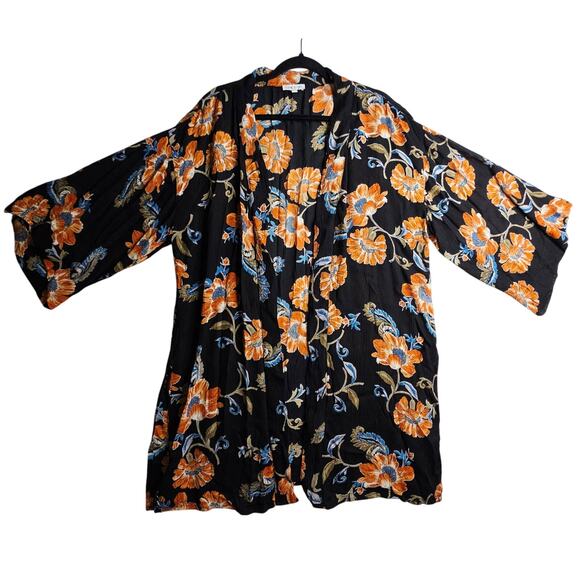 Patrons of Peace SzM Fall color Florals Open Front Kimono. Crinkled  fabric Boho - Picture 1 of 14
